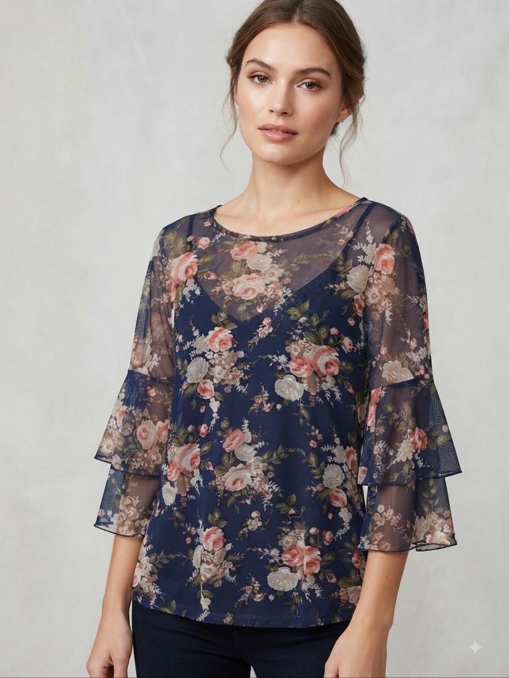 Bobeau Navy Floral Blouse with Pink and Cream Ruffle Sleeves Size Medium